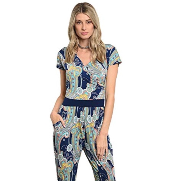 Multi Print Short Sleeve Long Pants Jumpsuit - Picture 2 of 4